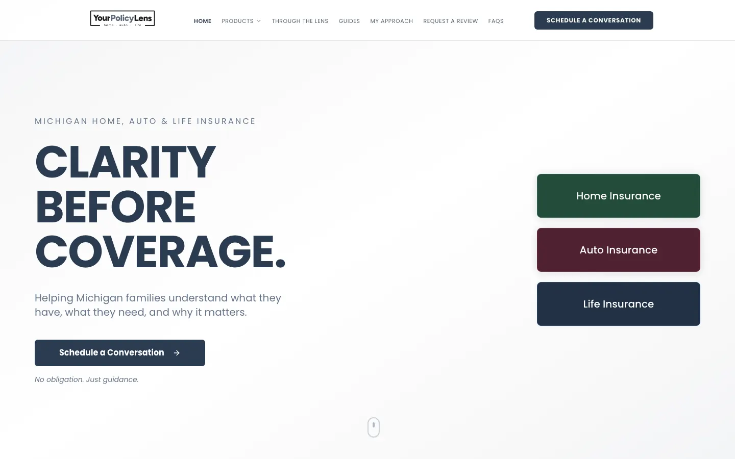 YourPolicyLens website, first screen on desktop